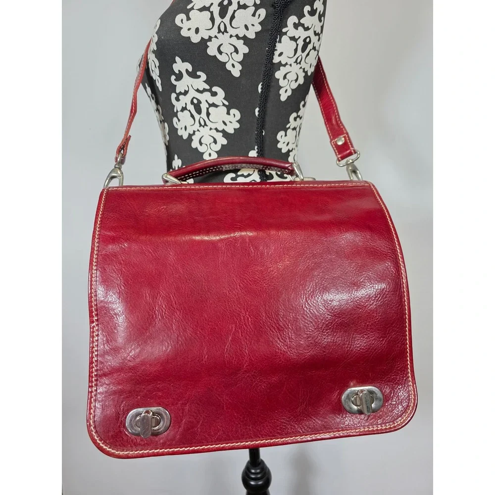 Vintage Italian Genuine Leather Organizer Satchel Crossbody with Shoulder Strap